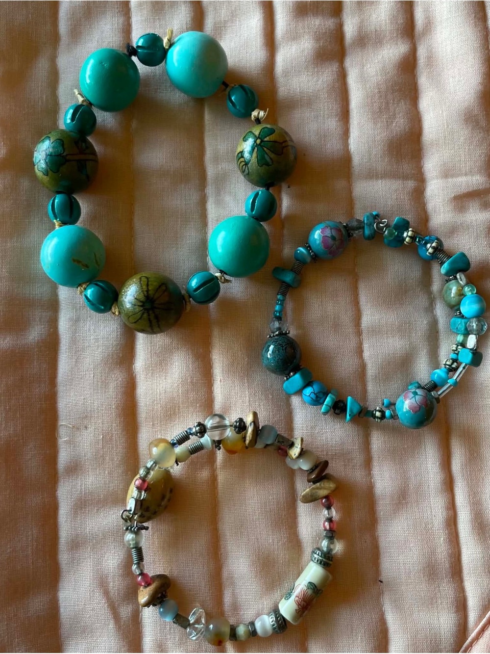 Lot of 3 Turquoise and Teal Beaded wire adjustable Bracelets - Unbranded